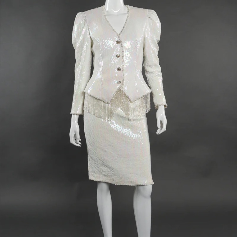 Insane custom Lillie Rubin White Sequin and Fringe Jacket + Skirt Set